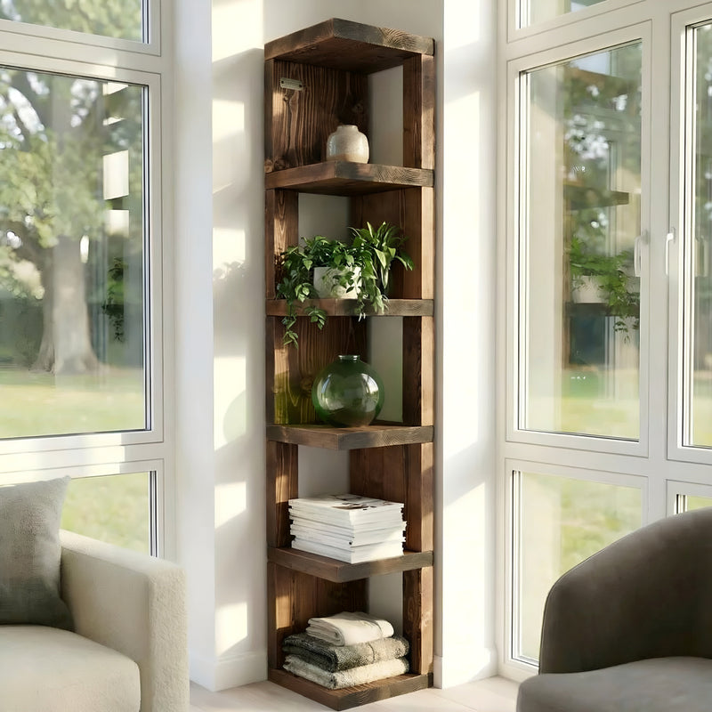 Valora Solid Wood Corner Bookshelf In Walnut Colour – Natural Finish Open Bookcase, Rustic Scandinavian Design
