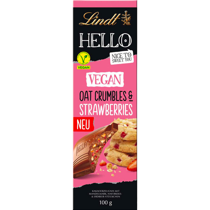 Lindt Hello VEGAN Strawberries Oat Crumble Milk Chocolate Bar | 100g | BB End Feb 26