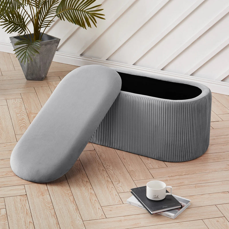 Velvet Storage Ottoman Footstool – Modern Grey Bedroom Stool Soft Chair Bench