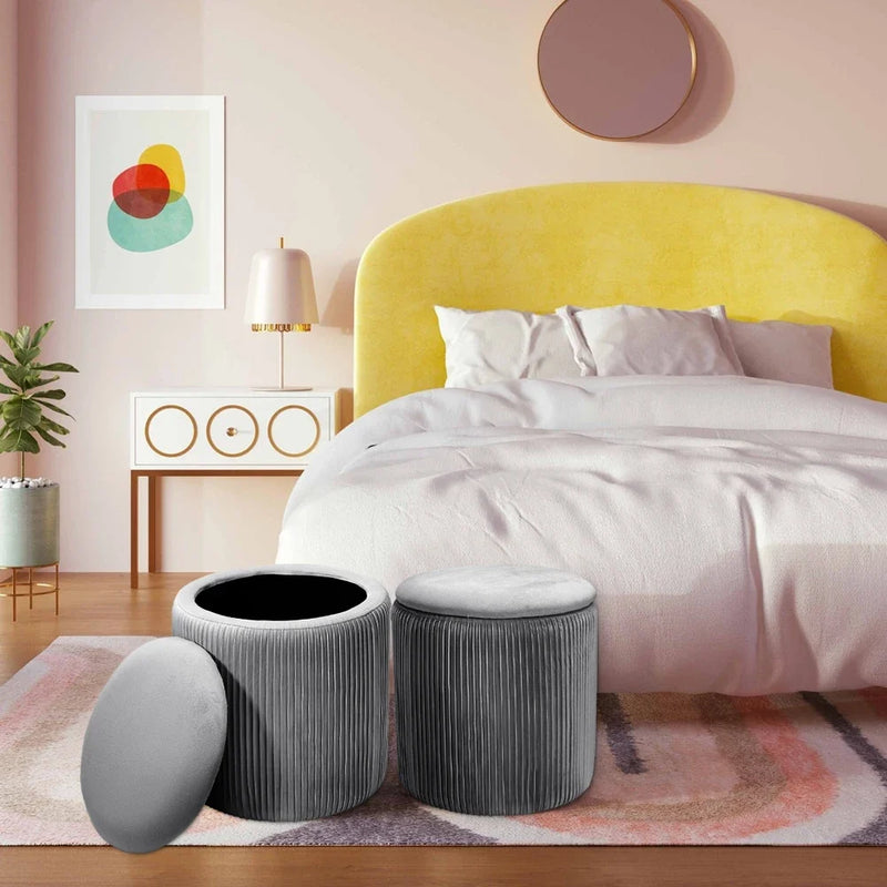Velvet Storage Ottoman Footstool – Modern Grey Bedroom Stool Soft Chair Bench