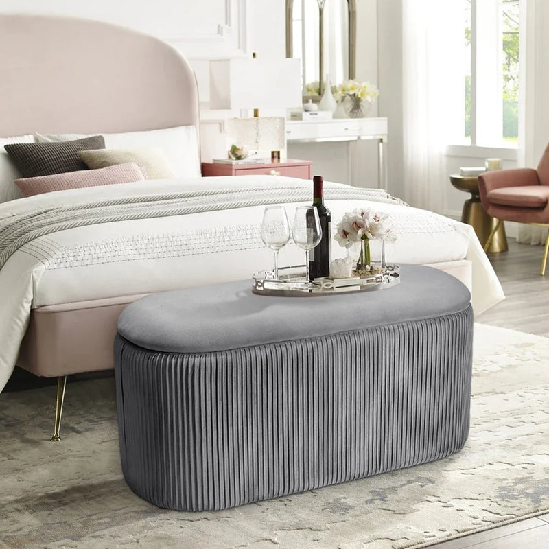 Velvet Storage Ottoman Footstool – Modern Grey Bedroom Stool Soft Chair Bench
