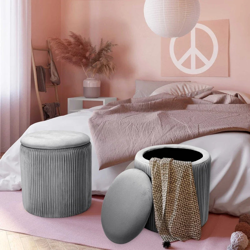 Velvet Storage Ottoman Footstool – Modern Grey Bedroom Stool Soft Chair Bench
