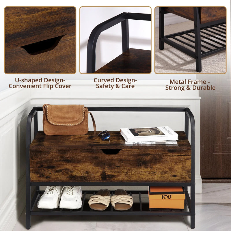 84cm Vintage Home Shoe Storage Bench with Lift-Top - Shoes Rack Organiser Seat