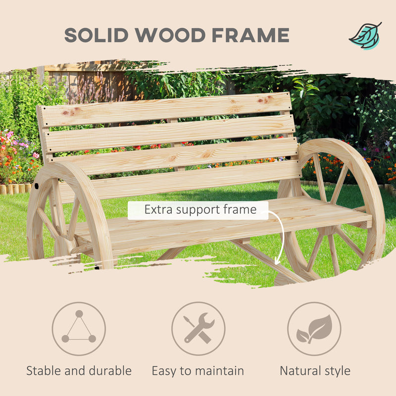 Outsunny 2 Seater Garden Bench w/ Wooden Cart Wagon Wheel Natural