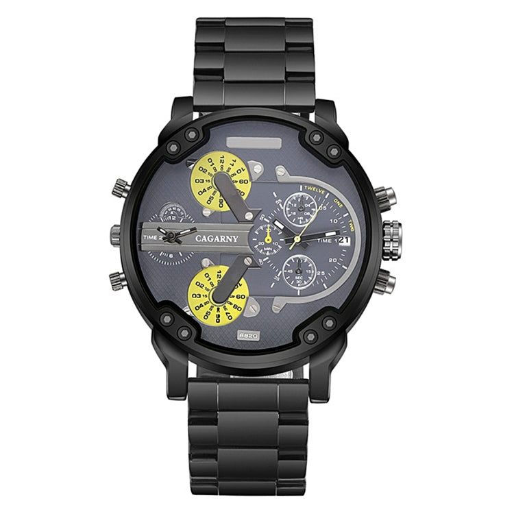 CAGARNY 6820 Fashionable Business Style Large Dial Dual Time Zone Quartz Movement Wrist Watch with Stainless Steel Band & Calendar Function for Men((Black Steel Band Blue Window), Black Steel Band Blue Window, Steel Band White Window...