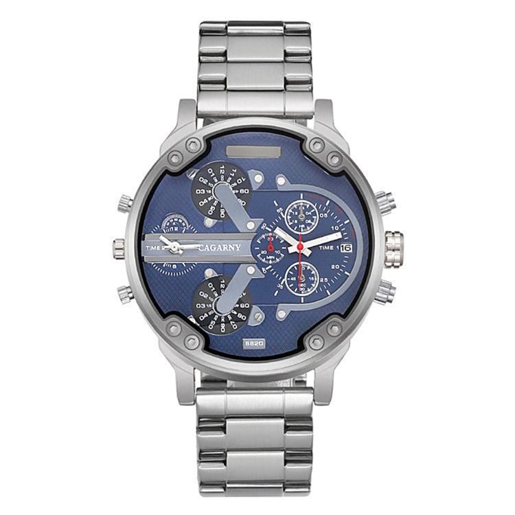 CAGARNY 6820 Fashionable Business Style Large Dial Dual Time Zone Quartz Movement Wrist Watch with Stainless Steel Band & Calendar Function for Men((Black Steel Band Blue Window), Black Steel Band Blue Window, Steel Band White Window...