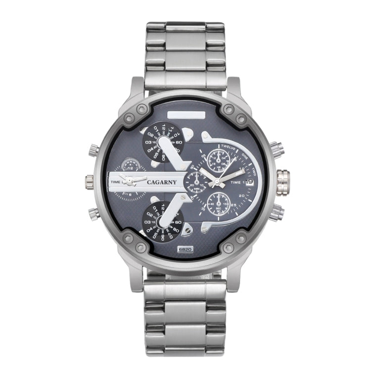 CAGARNY 6820 Fashionable Business Style Large Dial Dual Time Zone Quartz Movement Wrist Watch with Stainless Steel Band & Calendar Function for Men((Black Steel Band Blue Window), Black Steel Band Blue Window, Steel Band White Window...