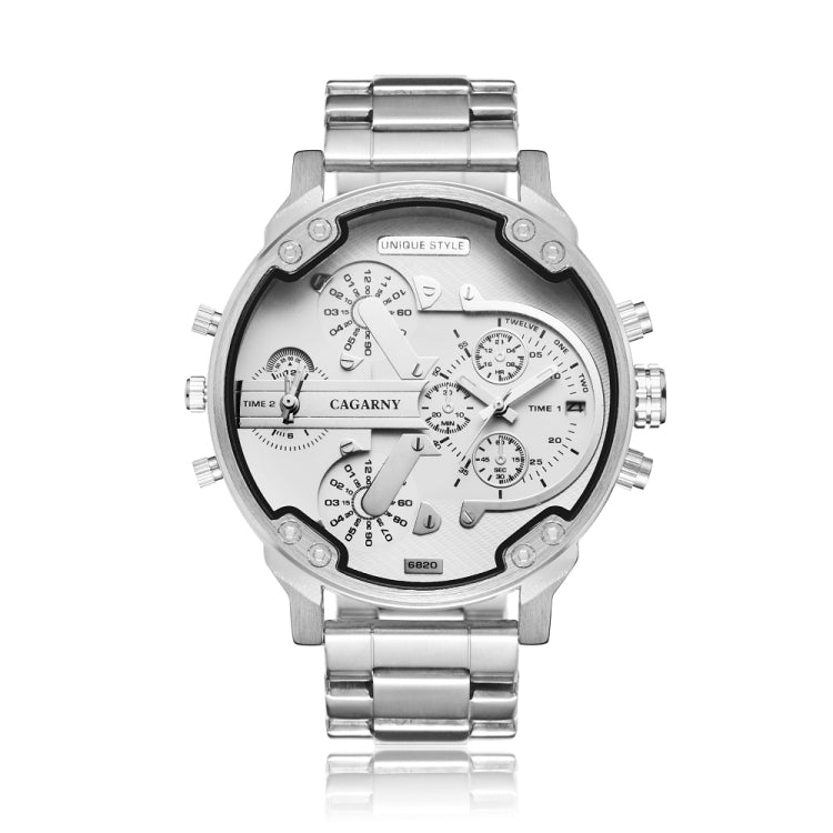 CAGARNY 6820 Fashionable Business Style Large Dial Dual Time Zone Quartz Movement Wrist Watch with Stainless Steel Band & Calendar Function for Men((Black Steel Band Blue Window), Black Steel Band Blue Window, Steel Band White Window...