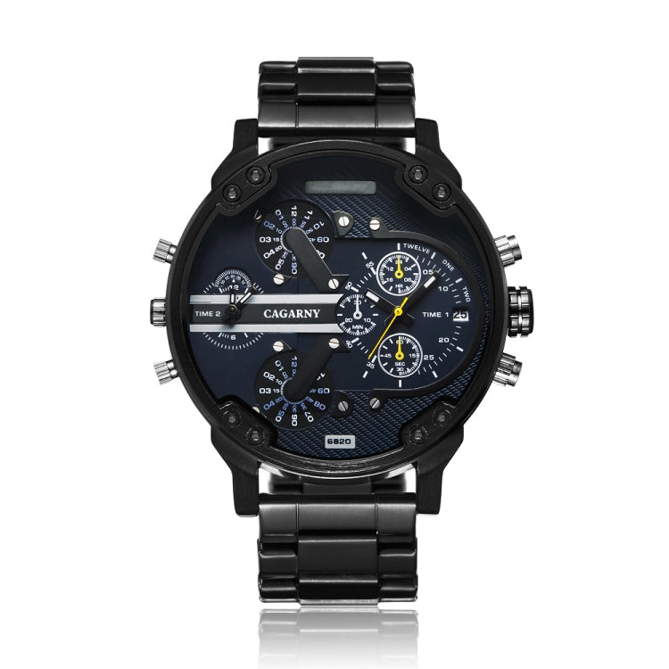 CAGARNY 6820 Fashionable Business Style Large Dial Dual Time Zone Quartz Movement Wrist Watch with Stainless Steel Band & Calendar Function for Men((Black Steel Band Blue Window), Black Steel Band Blue Window, Steel Band White Window...