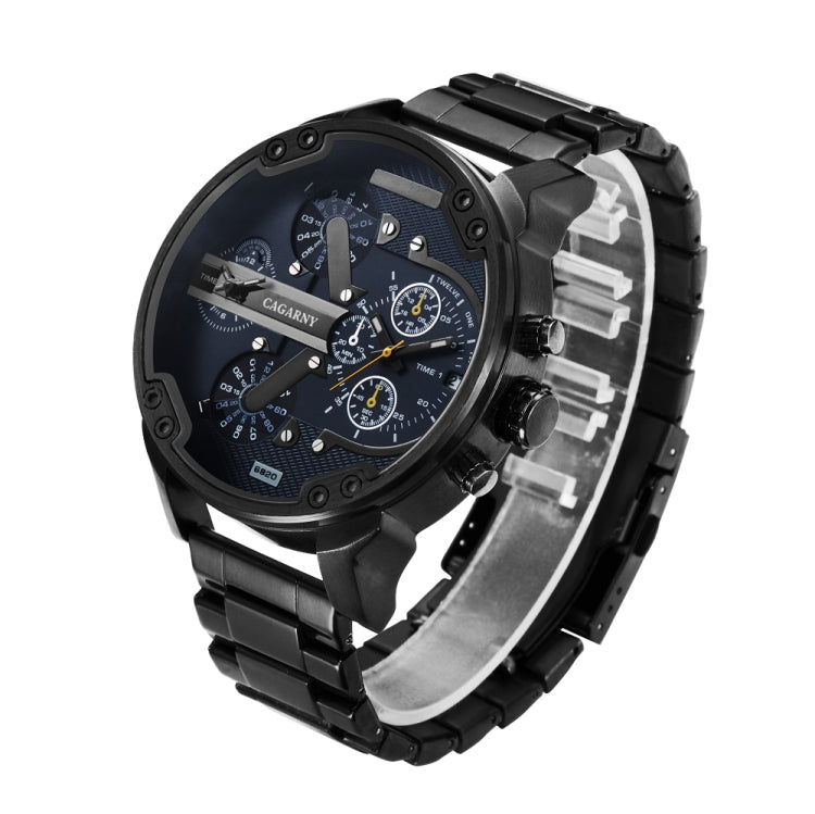CAGARNY 6820 Fashionable Business Style Large Dial Dual Time Zone Quartz Movement Wrist Watch with Stainless Steel Band & Calendar Function for Men((Black Steel Band Blue Window), Black Steel Band Blue Window, Steel Band White Window...