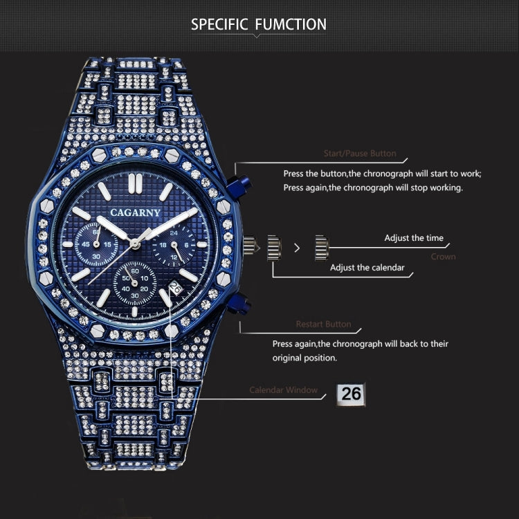 CAGARNY 6881 Diamond-studded Six-needles Guartz Dual Movement Watch Men Stainless Steel Strap Watch (Gold Shell Gold Dial), WA0334JB, WA0334JW, WA0334L, WA0334SB, WA0334SW