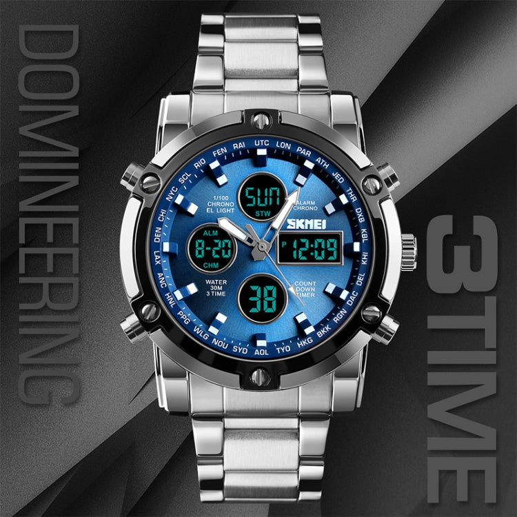 SKMEI 1389 Multifunctional Men Business Digital Watch 30m Waterproof Large Dial Wrist Watch with Stainless Steel Watchband , 1389 Silver, 1389 Black, 1389 Blue