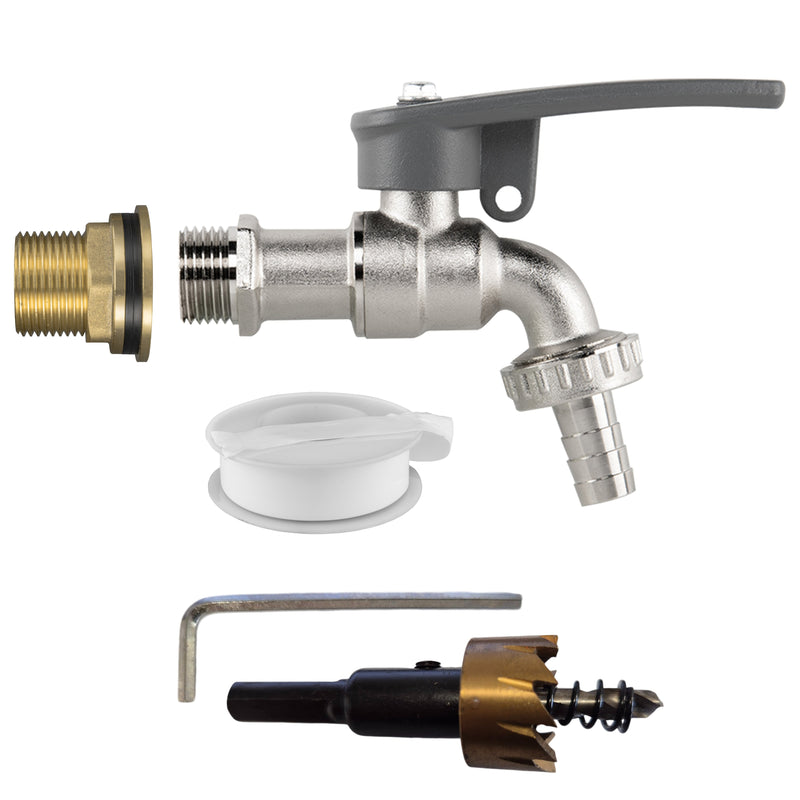 Water Butt Brass Kit 3/4" with Lever Tap Hose Barb and Side Lock and Drill Bit