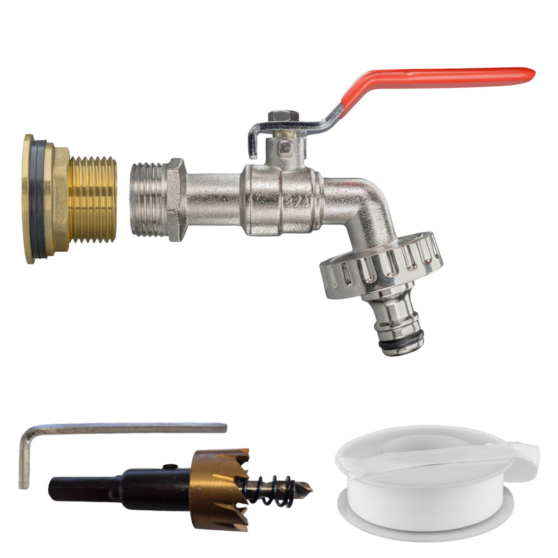 Water Butt Brass Kit 1" with Quick Connect Lever Tap and Drill Bit
