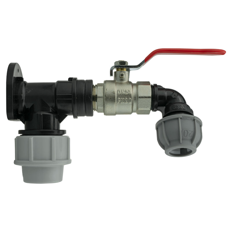 Wall Flange Kit 32mm MDPE + Lever Valve + 20mm MDPE Elbow