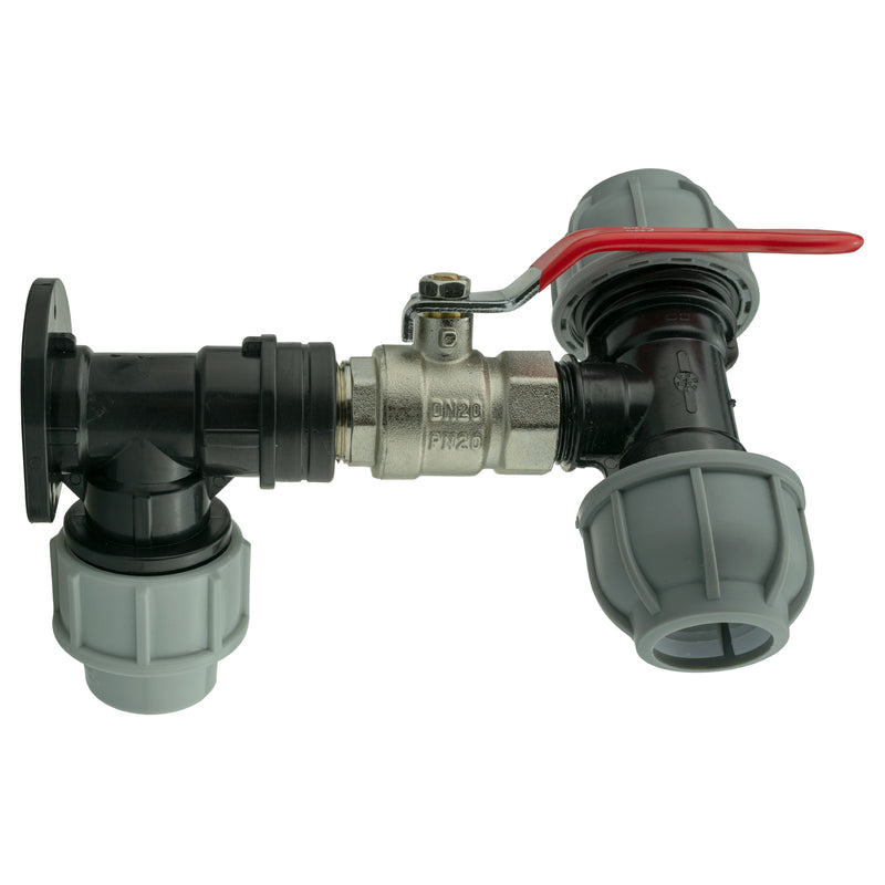 Wall Flange Kit 25mm MDPE + Lever Valve + 25mm MDPE Tee