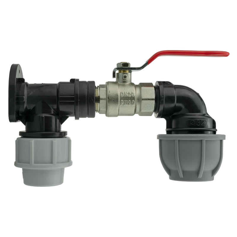 Wall Flange Kit 32mm MDPE + Lever Valve + 32mm MDPE Elbow