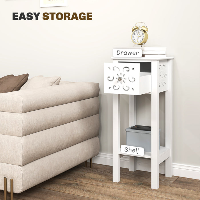 HOMCOM Bedside Table Set, End Table Set with Drawer and Storage Shelf, White