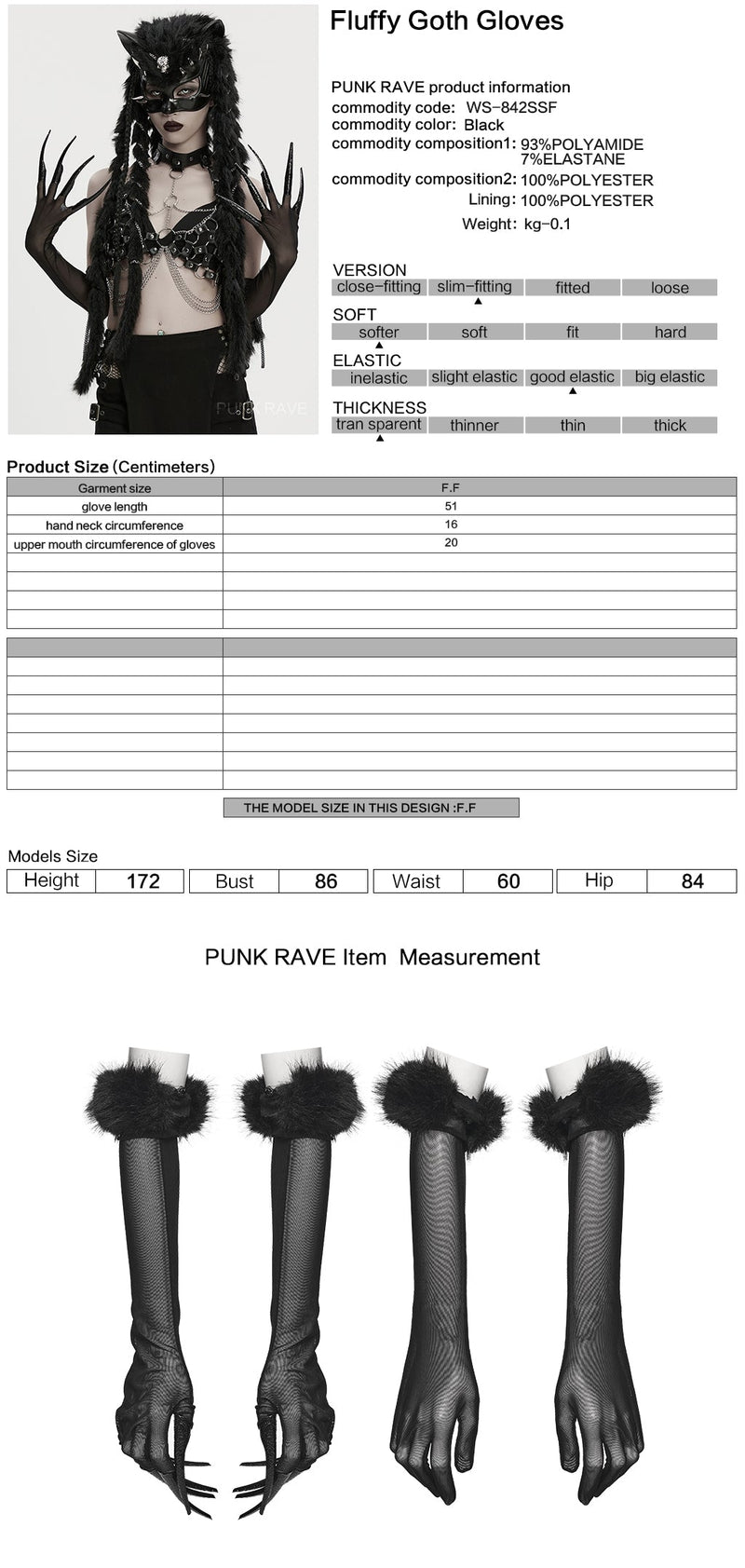 Punk Rave Fluffy Goth Claw Gloves