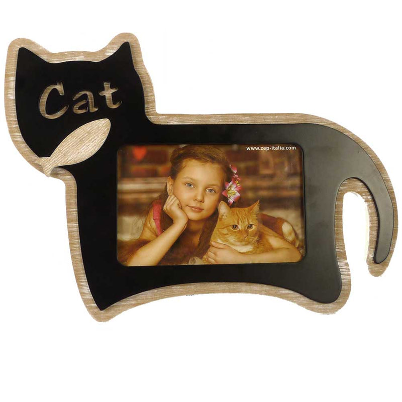 Cat Photo Frame for 6x4 Inch Photo – Rustic Brown MDF Frame with Black Cat Silhouette