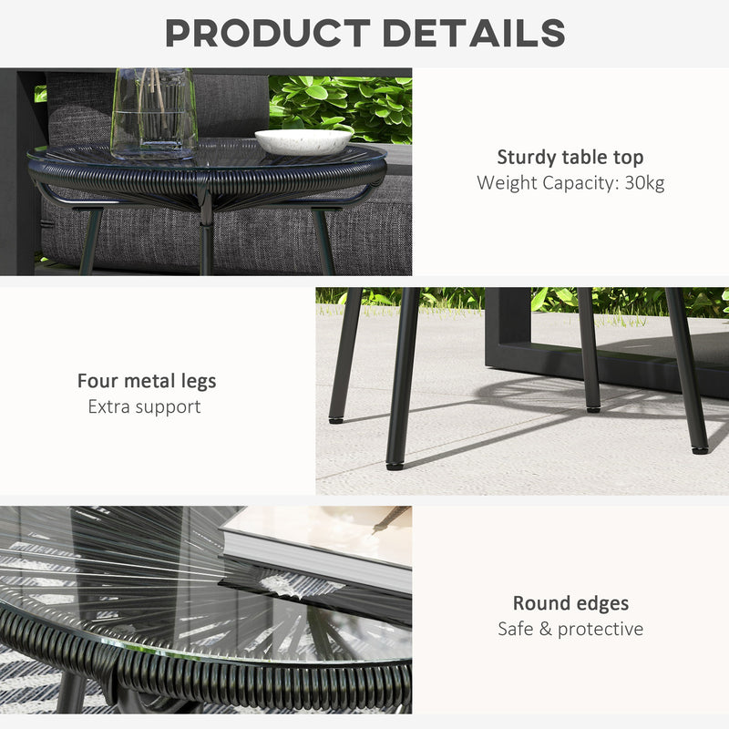 Outsunny Rattan Side Table w/ Tempered Glass Tabletop, Black