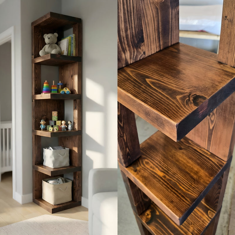 Valora Solid Wood Corner Bookshelf In Walnut Colour – Natural Finish Open Bookcase, Rustic Scandinavian Design