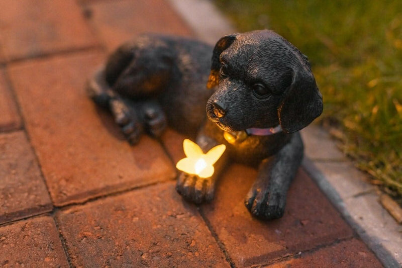 Puppy Statue with Butterfly Solar Light