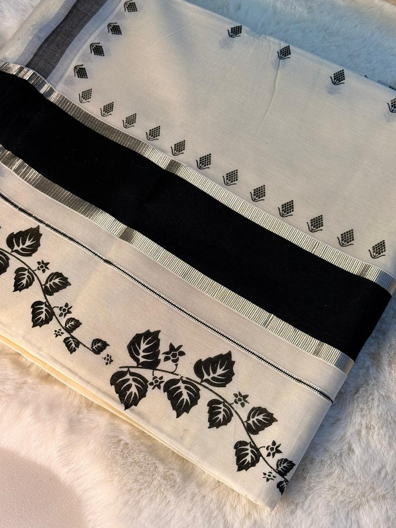 Elegant Monochrome Kerala Kasavu Saree with Black Floral Border