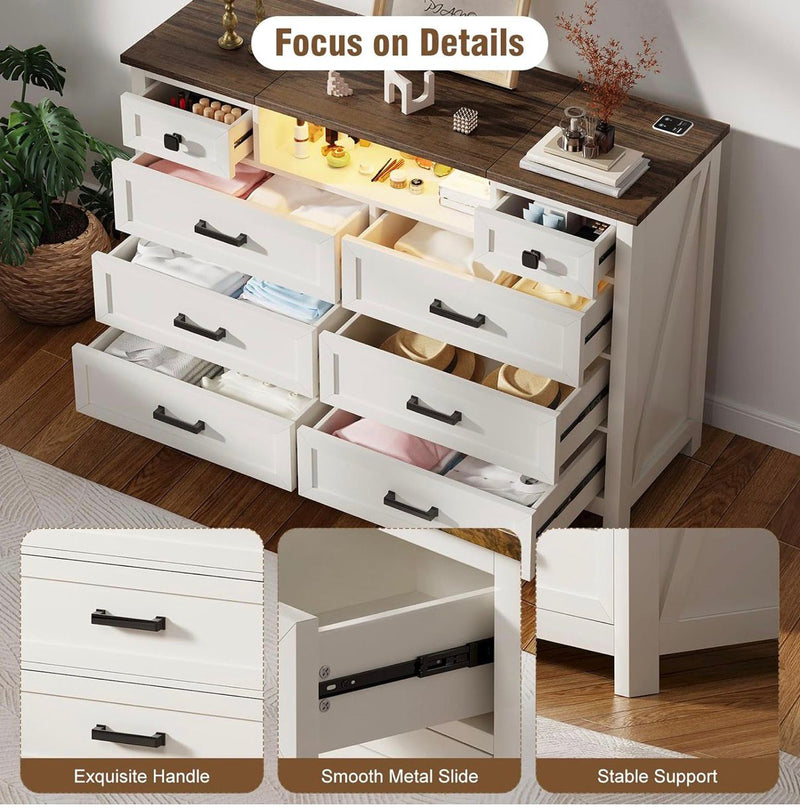 White 5 Drawer Chest of Drawers with LED Mirror, Charging Station & Sensor Light | BROTTAR Bedroom Dresser