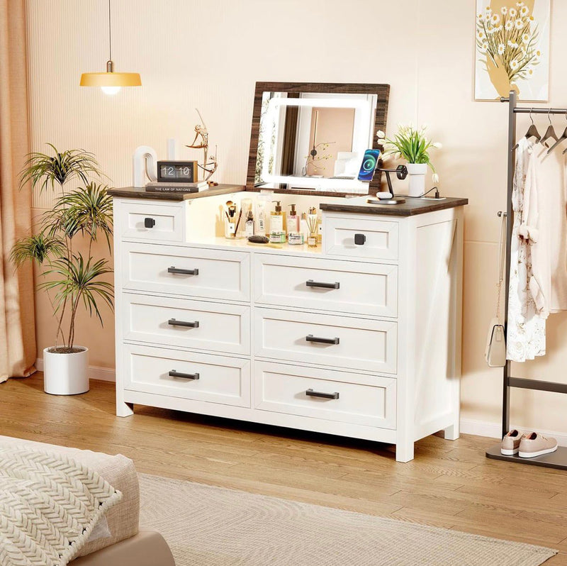 White 5 Drawer Chest of Drawers with LED Mirror, Charging Station & Sensor Light | BROTTAR Bedroom Dresser