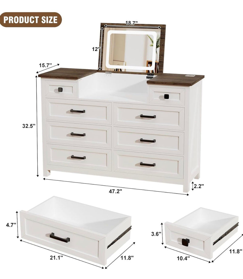 White 5 Drawer Chest of Drawers with LED Mirror, Charging Station & Sensor Light | BROTTAR Bedroom Dresser