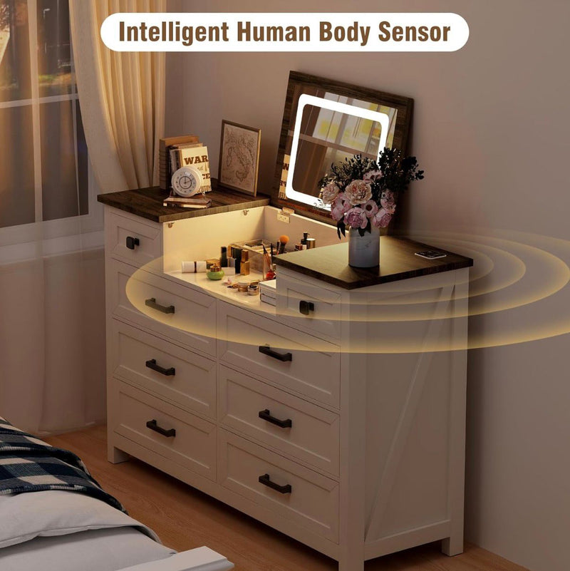 White 5 Drawer Chest of Drawers with LED Mirror, Charging Station & Sensor Light | BROTTAR Bedroom Dresser