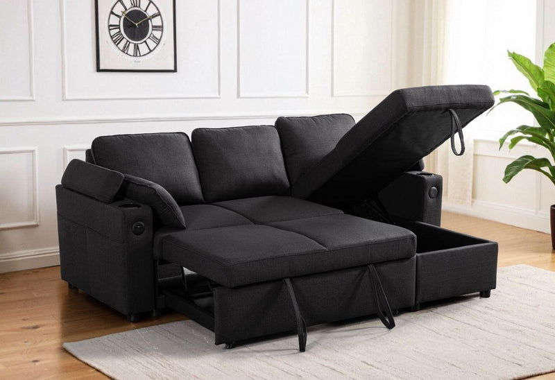 Grey Fabric Sofa Bed with Storage & USB Charging | Francesca | Cupholders & Magazine Pocket