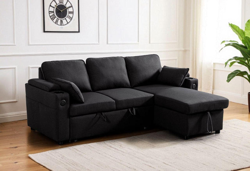 Grey Fabric Sofa Bed with Storage & USB Charging | Francesca | Cupholders & Magazine Pocket