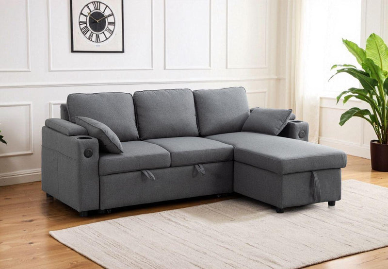 Grey Fabric Sofa Bed with Storage & USB Charging | Francesca | Cupholders & Magazine Pocket