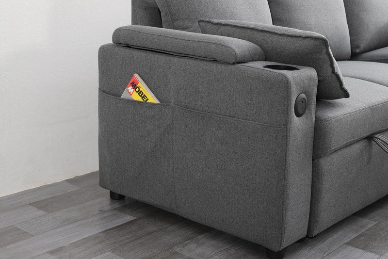 Grey Fabric Sofa Bed with Storage & USB Charging | Francesca | Cupholders & Magazine Pocket