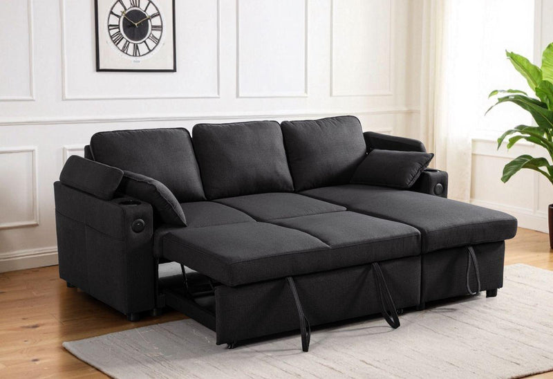 Grey Fabric Sofa Bed with Storage & USB Charging | Francesca | Cupholders & Magazine Pocket