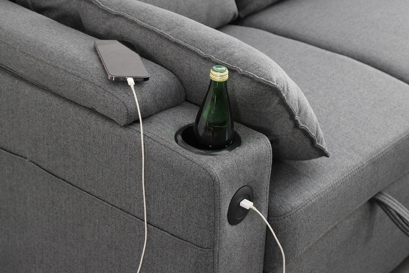 Grey Fabric Sofa Bed with Storage & USB Charging | Francesca | Cupholders & Magazine Pocket