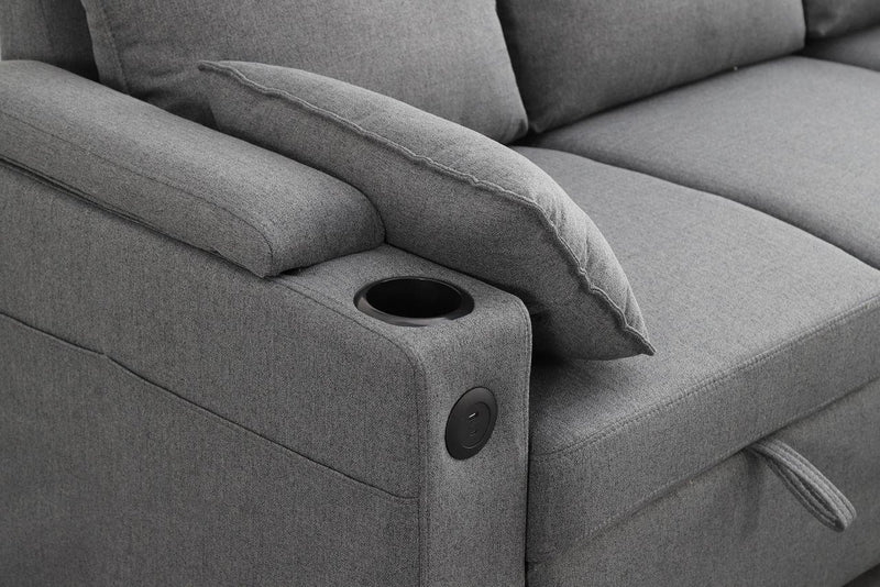 Grey Fabric Sofa Bed with Storage & USB Charging | Francesca | Cupholders & Magazine Pocket