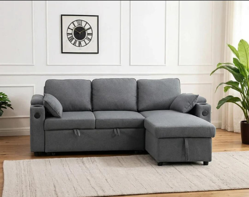 Grey Fabric Sofa Bed with Storage & USB Charging | Francesca | Cupholders & Magazine Pocket
