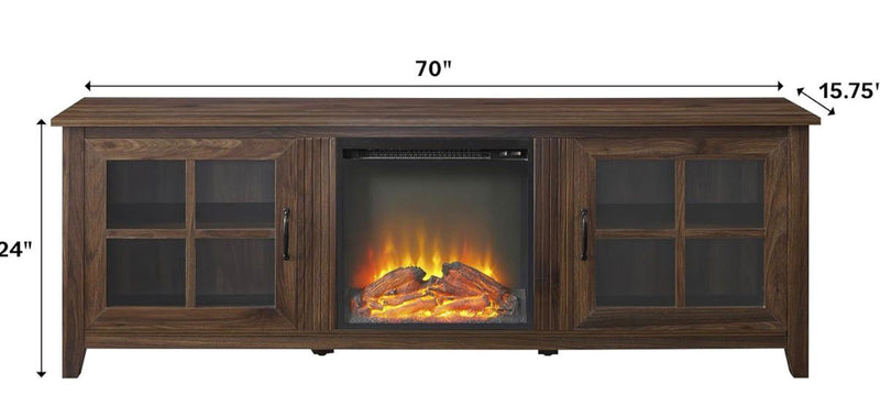Large 70 Inch TV Stand with Electric Fireplace | Dark Walnut | Farmhouse Glass Door Cabinet