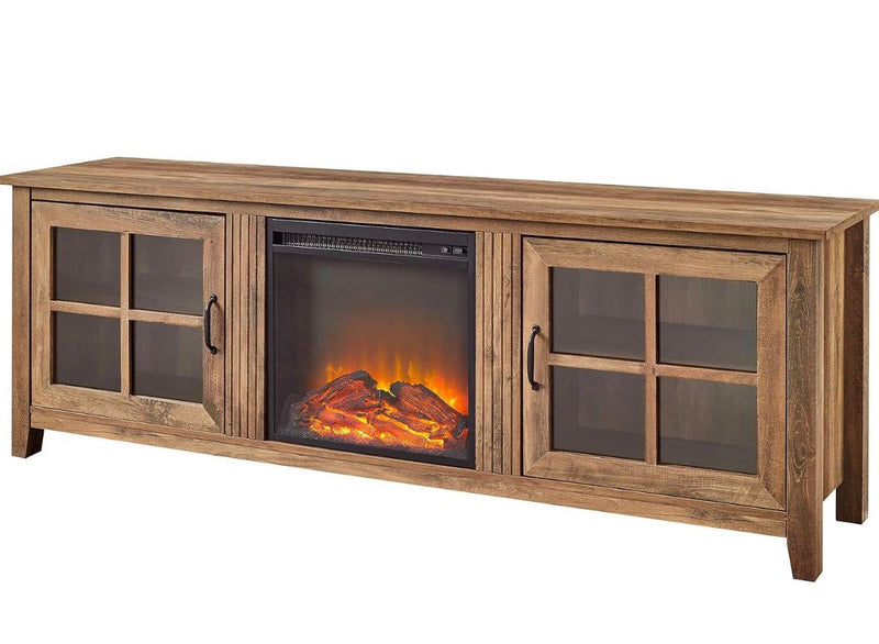 Large 70 Inch TV Stand with Electric Fireplace | Dark Walnut | Farmhouse Glass Door Cabinet