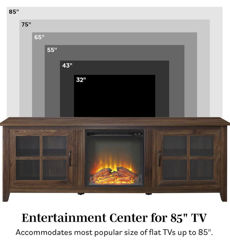 Large 70 Inch TV Stand with Electric Fireplace | Dark Walnut | Farmhouse Glass Door Cabinet