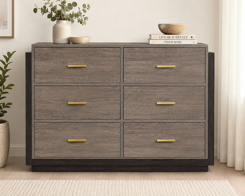 6 Drawer Chest of Drawers | Gold Bar Handles | Wide Bedroom Dresser & Storage Unit