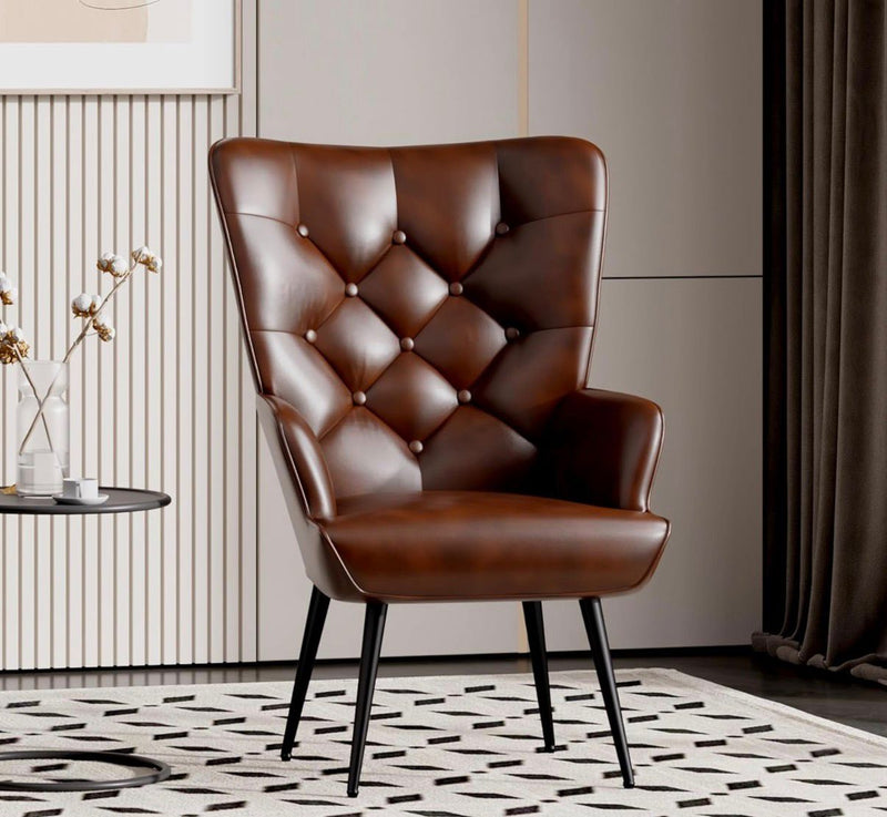 Brown Leather Tub Armchair | High Back | Gold Legs | Bedroom Living Room Chair | 150kg Capacity