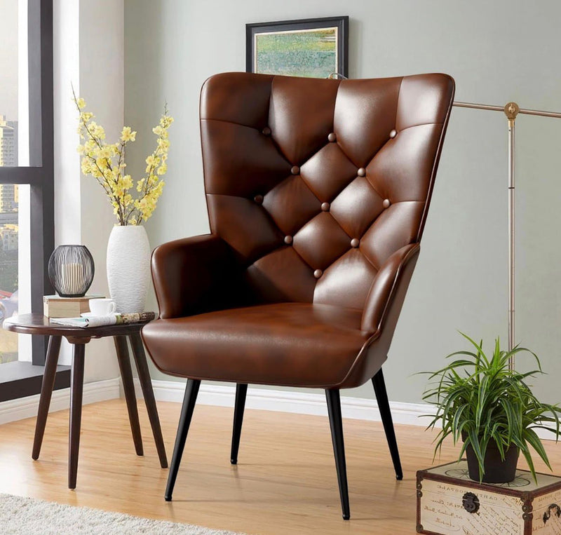 Brown Leather Tub Armchair | High Back | Gold Legs | Bedroom Living Room Chair | 150kg Capacity