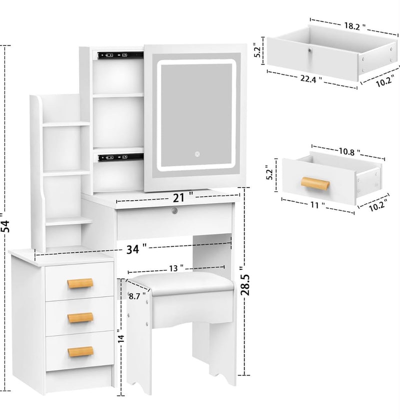 Modern LED Dressing Table with Mirror & Stool — Adjustable Lighting, 4 Drawers & 6 Shelves