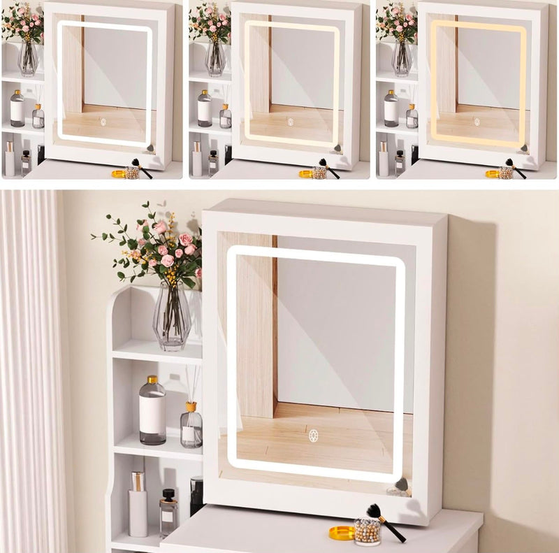 Modern LED Dressing Table with Mirror & Stool — Adjustable Lighting, 4 Drawers & 6 Shelves