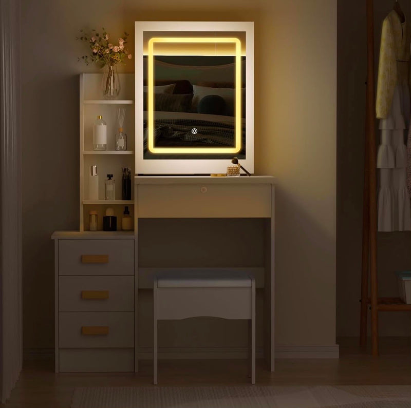 Modern LED Dressing Table with Mirror & Stool — Adjustable Lighting, 4 Drawers & 6 Shelves