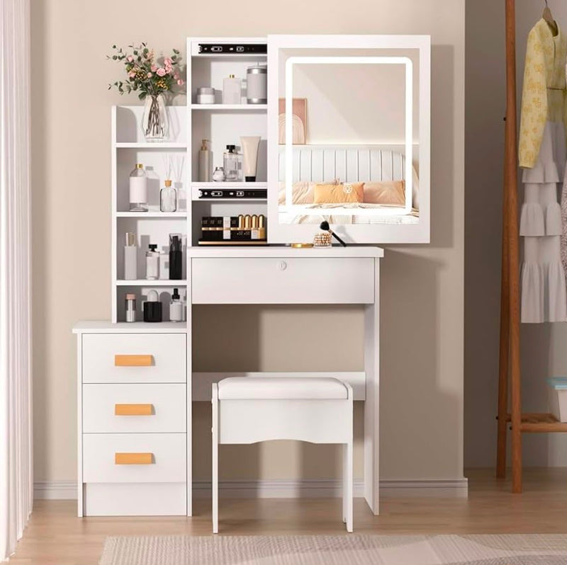 Modern LED Dressing Table with Mirror & Stool — Adjustable Lighting, 4 Drawers & 6 Shelves